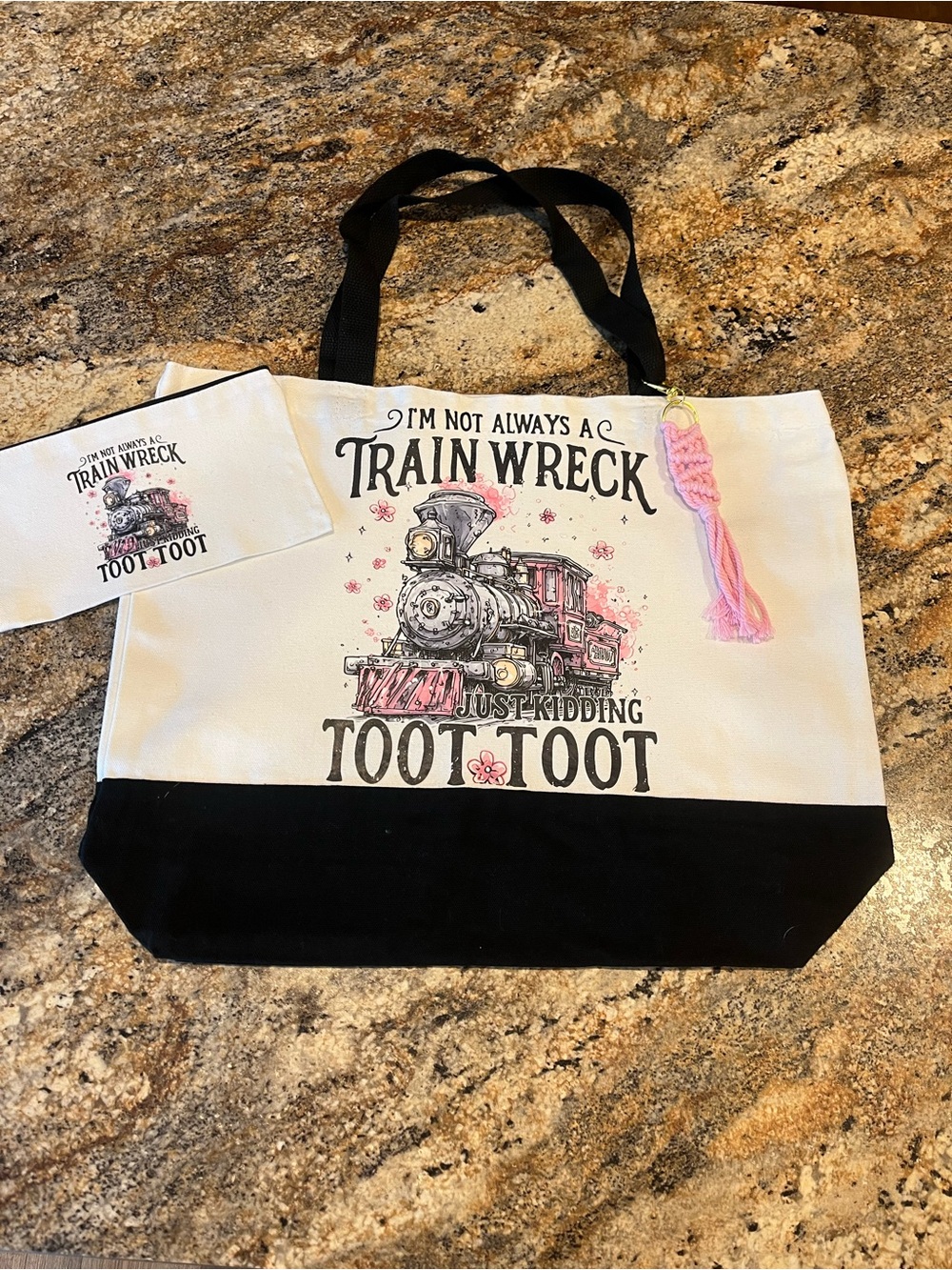 Train Wreck Tote Bag - White and Black Canvas with Pink Accent